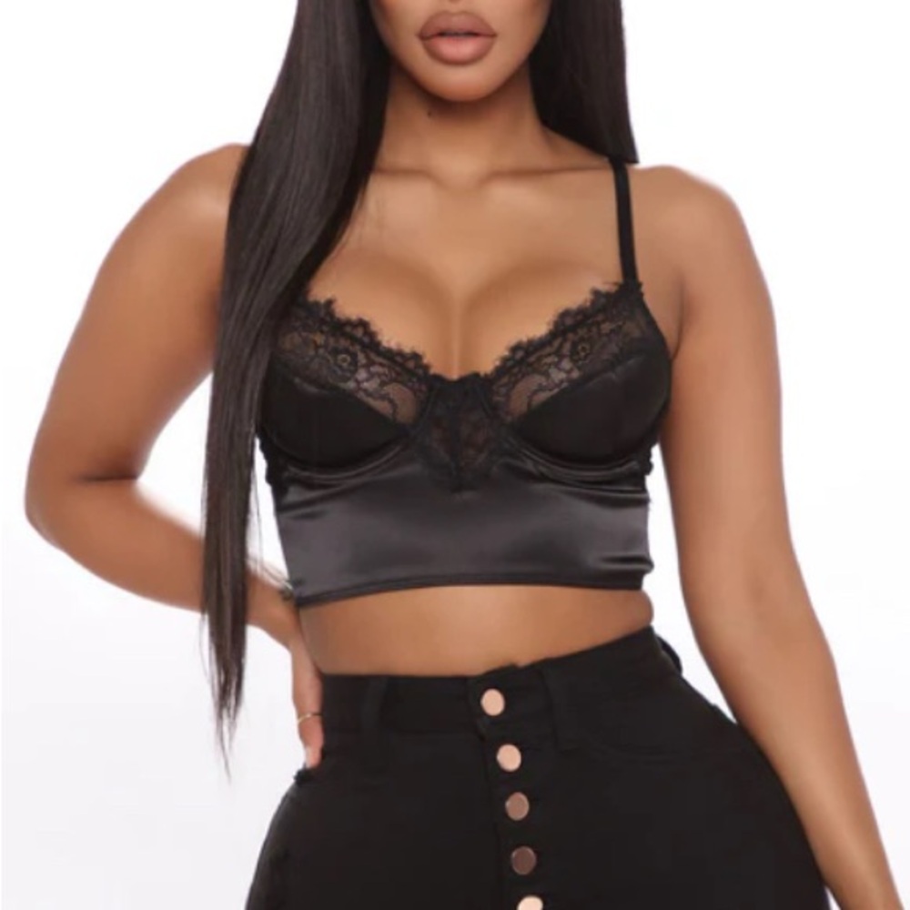 Fashion Nova Intimate Setting Black Lace Satin top NWT